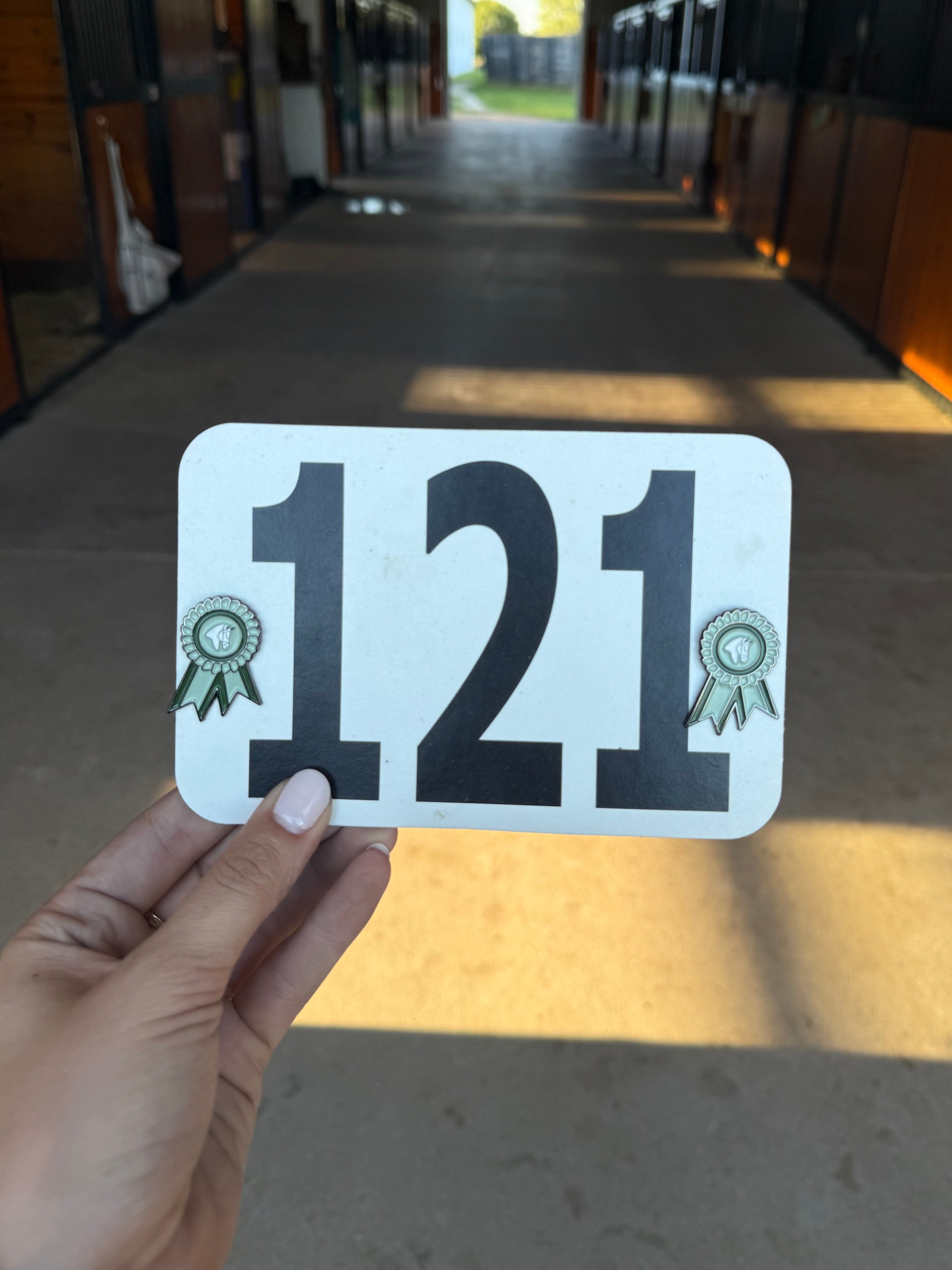 Hand holding a white card with black numbers '121' and green number pins in a barn.
